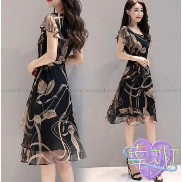 レディースワンピース 膝丈 シフォン 花柄 半袖 Aライン 大きいサイズ 着痩せ 春 夏 通勤 OL 結婚式 パーティー 上品 新作