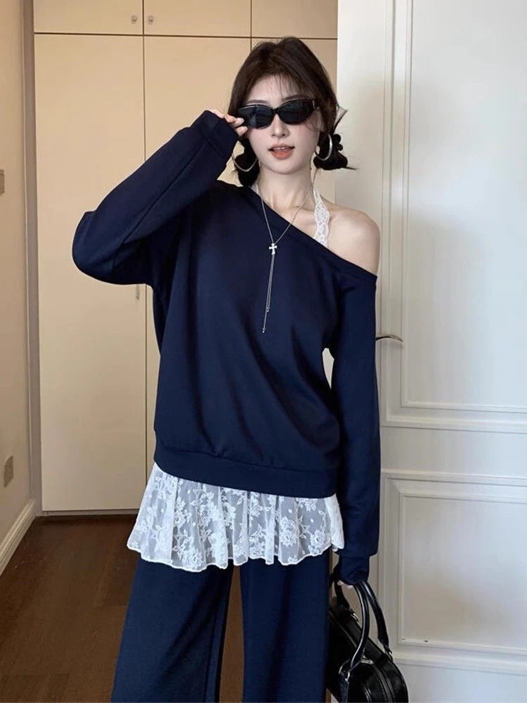 2点セット セットアップ スウェット オフショルダースウェット セットアップ 韓国系 レディース レディー 学生向け ルーズフィット スポーツセットアップ セットアップ SS25新作 スリムシルエット