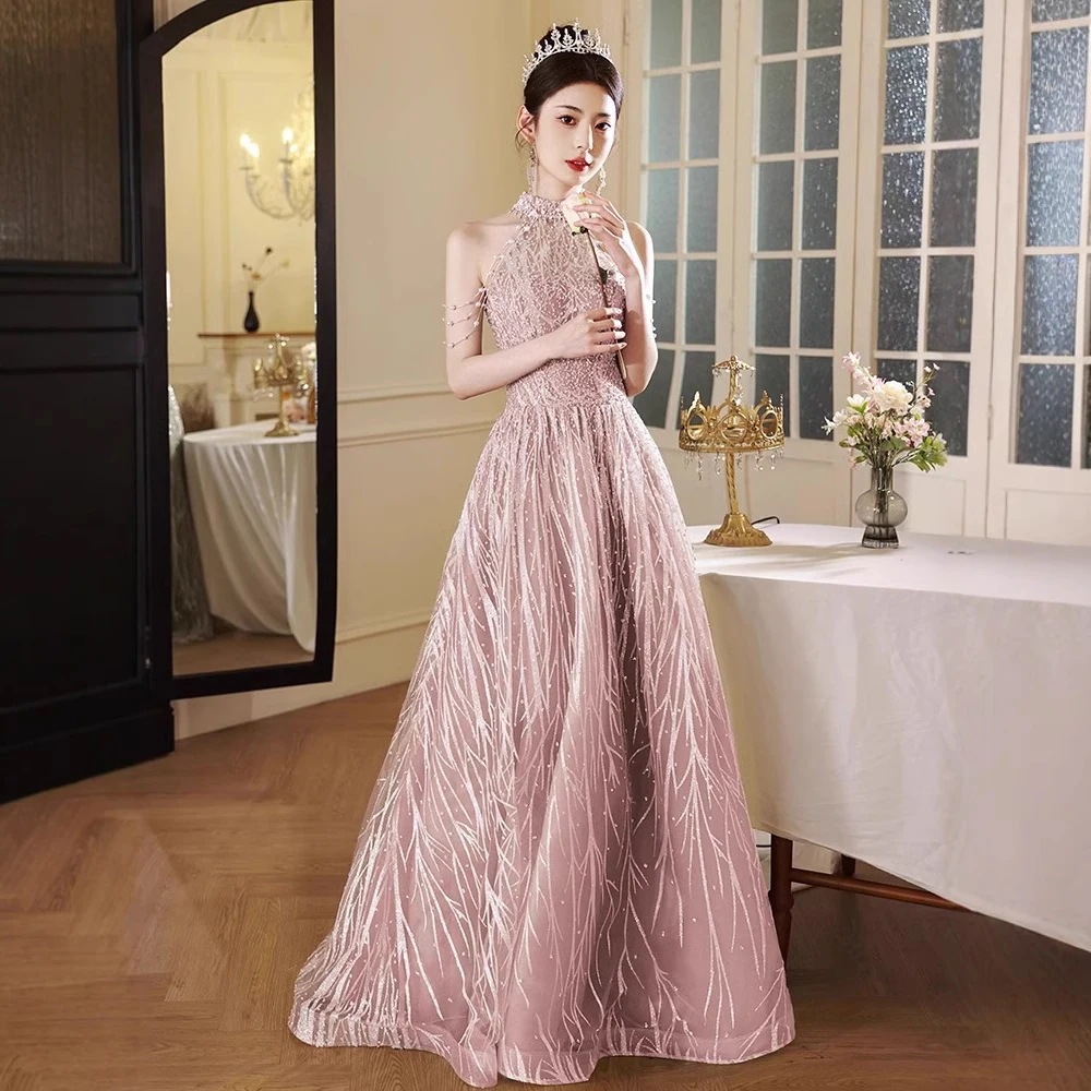 森風のピンクのイブニングドレス新作秋冬スタイル頑丈誕生日オフショルダー声楽試験宴会ドレス