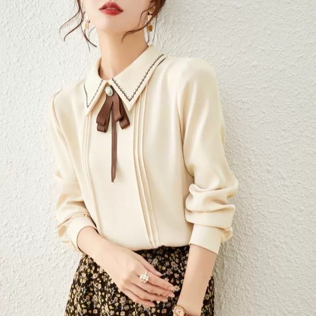 トップス シャツ ブラウス 袖あり 長袖 襟付き リボン かわいい 可愛い きれいめ シンプル 上品 おしゃれ お洒落 可愛い 女子 こなれ感 ラブリー キュート ガーリー 無地 春