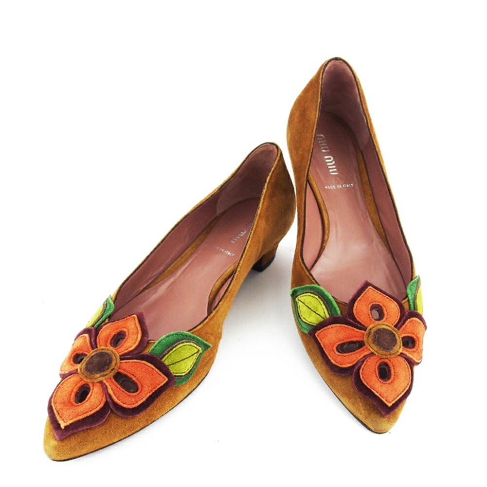 パンプス フラワーモチーフ 36 ポインテッドトゥ ブラウン オレンジ グリーン系 レディース 中古