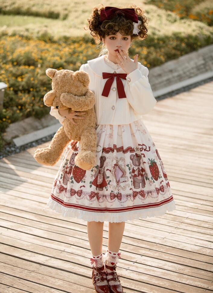【新作登場 最安値!】172ロリータ ドレス苺熊柄中袖ワンピース　 ゴスロリ コスプレ メイド服 コスチューム 文化祭 学園祭 衣装 仮装 ハロウィン おすすめ 可愛い ドレス　日常　写真