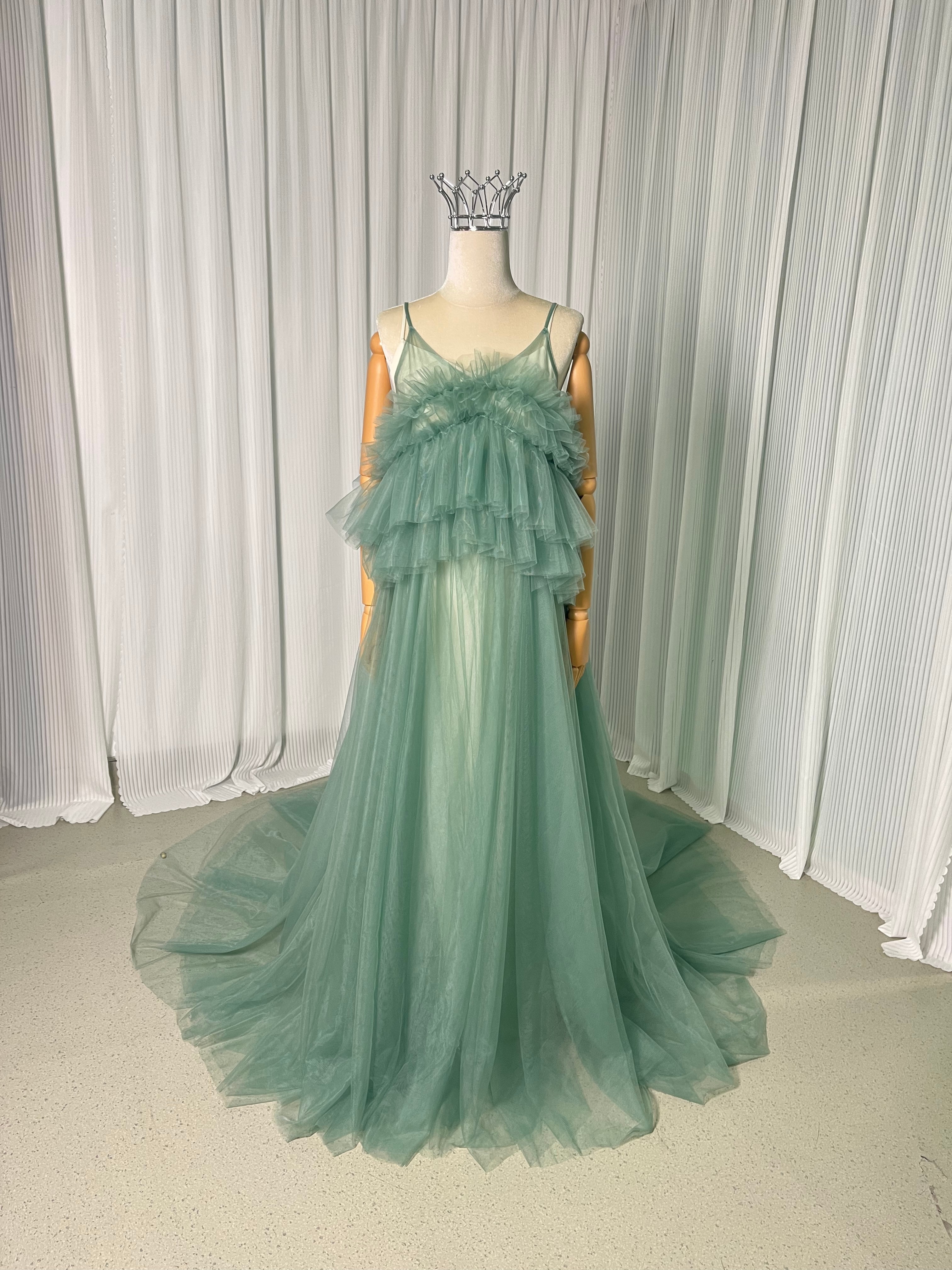 パーティードレス ミントグリーン 胸元フリル ツーピース キャミソール 妊婦 前撮り 2次会 色直し