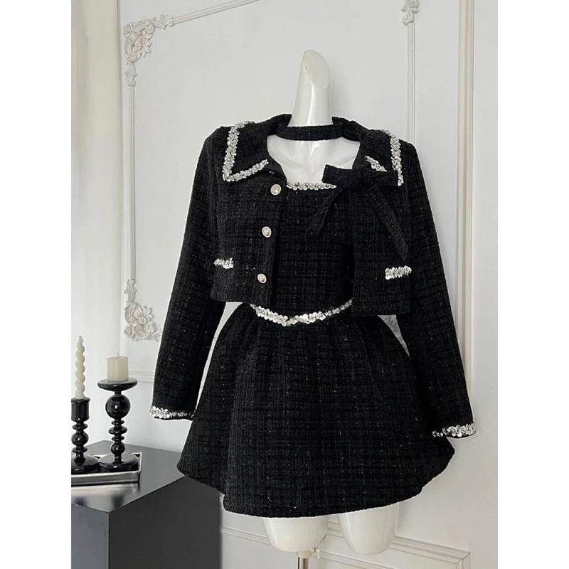 裕福な相続人社交界の名士のための韓国風シャネル風ツーピーススーツ（春秋用）：ヘビーデューティーなショートジャケットとスリムフィットのドレス 4,607円