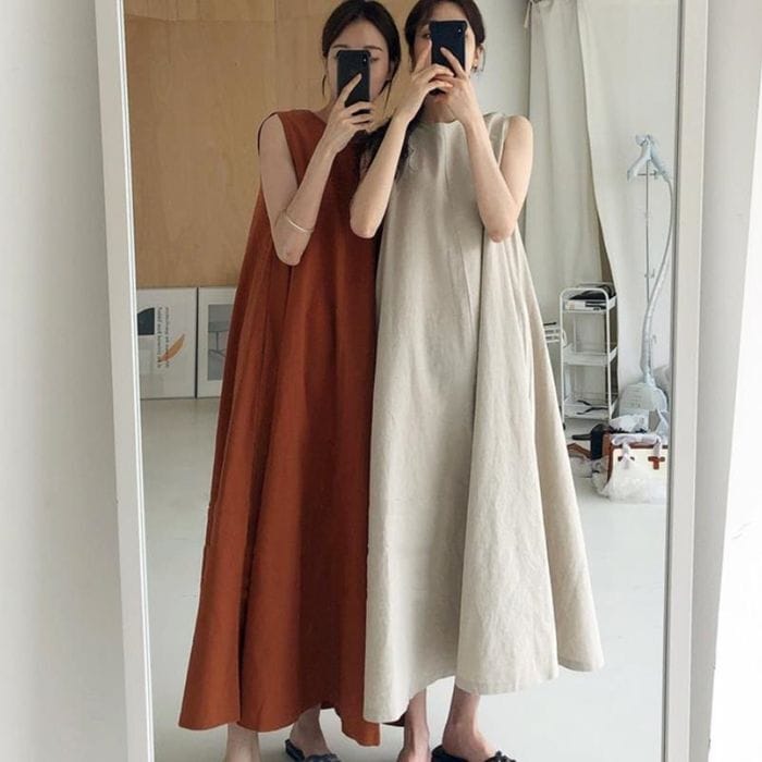 ワンピース ロング丈 袖なし ノースリーブ クルーネック フレア デザイン オーバーサイズ 美ライン ニュアンス ドレープ 天然素材 カラバリ かわいい 大人可愛い きれいめ シンプル カジュアル