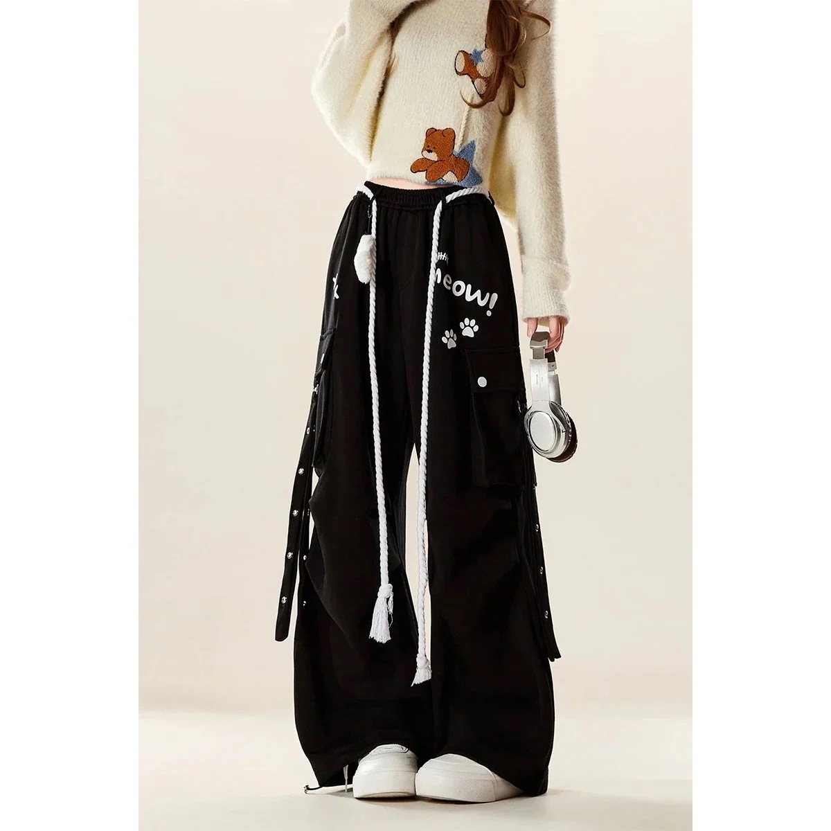 3日出荷 リボンデザインカーゴパンツ ブラック ドローコード ジョガー デニム 体型カバー 春服 レディース