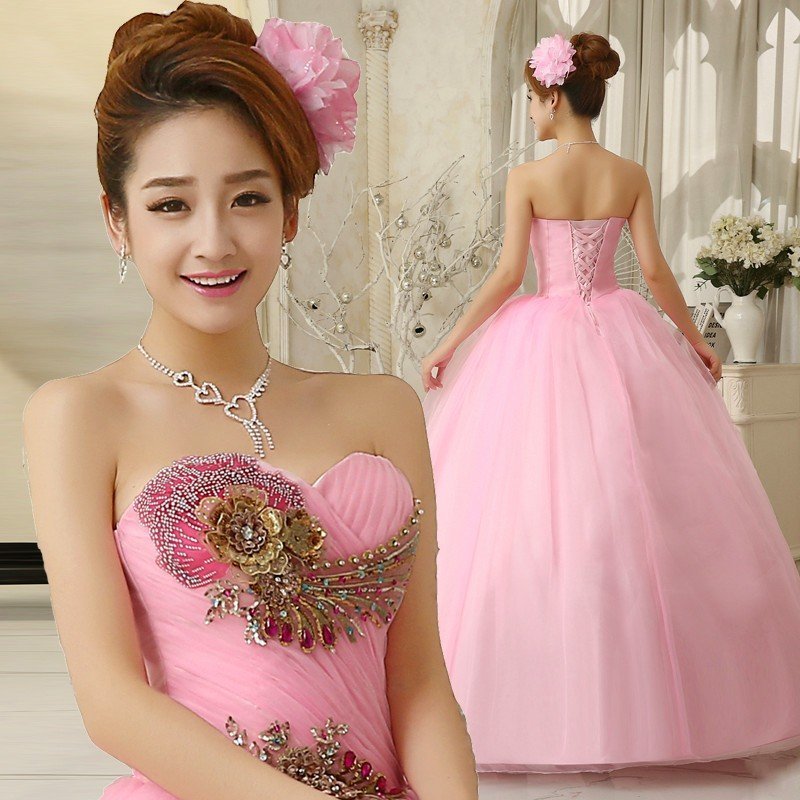 ウェディングドレス カラードレス ピンク 演奏会 安い パーティードレス 披露宴 ベアトップ 二次会