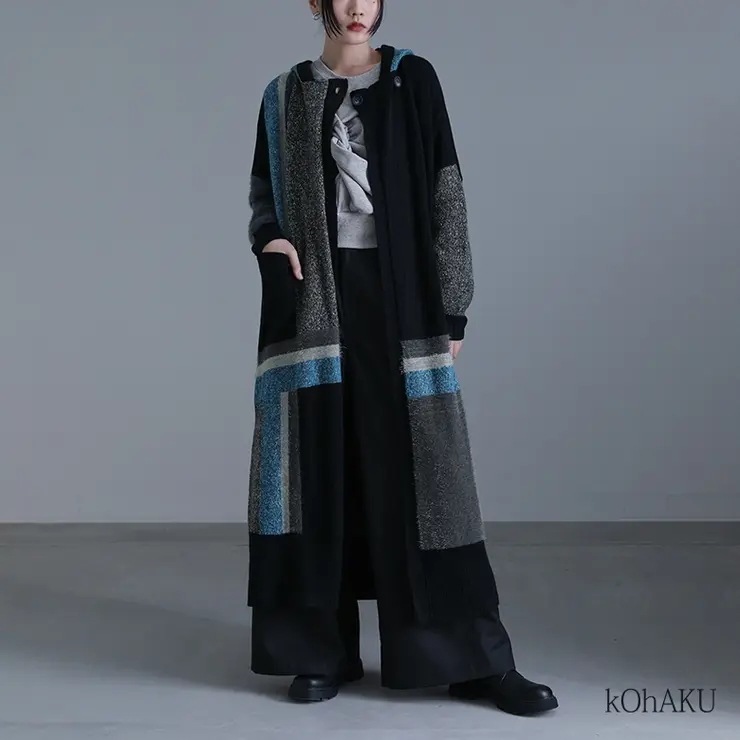kOhAKU配色フード付きロングカーディガン