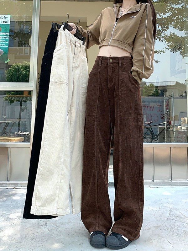 ひんやりボトムス コーデュロイパンツ コーデュロイ カーゴパンツ ワイドパンツ レディース レトロ ゆったり ストレート ハイウエスト ワイドパンツロングズボン かっこいい！スラックスパンツ