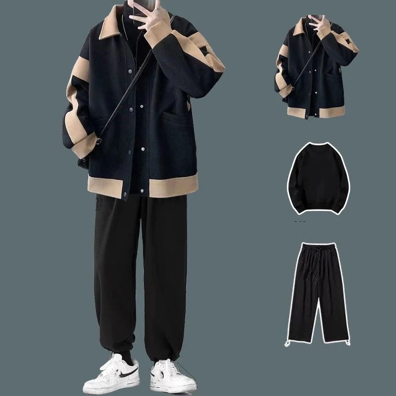 入荷オシャレトレンド上下3点セット メンズファッションウールジャケット+百掛けTシャツ+カジュアルスウェットパンツセット