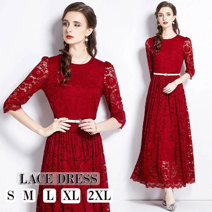 OFFレースワンピース ロング丈 ドレス aライン 大きいサイズ フォーマル ワインレッド 五分袖 ママ 母の日 発表会ドレス30代 40代 夏ワンピ オシャレ 韓国風