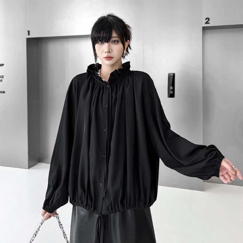 【Noir Mode】 秋冬 純色 長袖 ハイネック シャーリング トップスシャツ レディース ゆったり 大きいサイズ 体型カバー 気質 通勤 長袖Tシャツ ブラウス