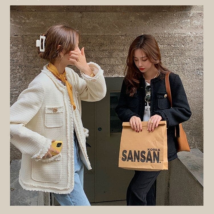 ジャケット韓国レディース ツイードノーカラージャケット気質ノーカラーコートライダースキルティングアウター