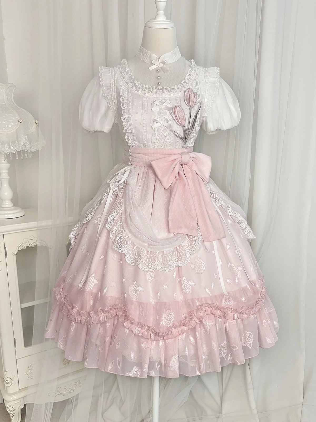 ロリータワンピース チューリップ柄 膝丈 可愛い 花嫁 ロリータ ドレス フリル プリンセス ワンピース 半袖ドレス ハロウィン コスプレ衣装 お誕生日 プレゼント イベント 撮影衣装 萌え萌え お嬢