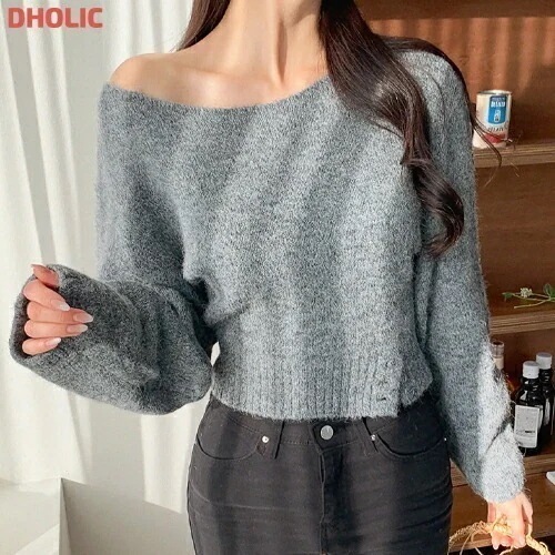 ボートネックボタンヘムウール混ニット