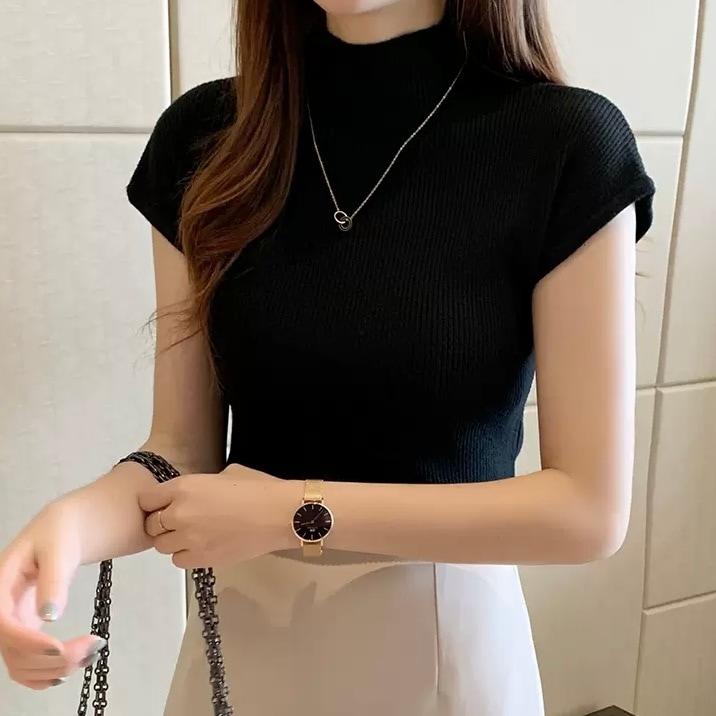 トップス 韓国風 リブニット ニットソー セーター 袖あり 半袖 ラウンドネック フィット ぴったり スリム タイト 細身 ニット ポケット ボタン 可愛い かわいい トップス 韓国風 オルチャン 定番 リブニット ハイネック
