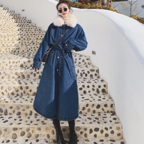 デニムロングコート アウター コート ロング丈 長袖 Aライン ウエストマーク ウエストリボン