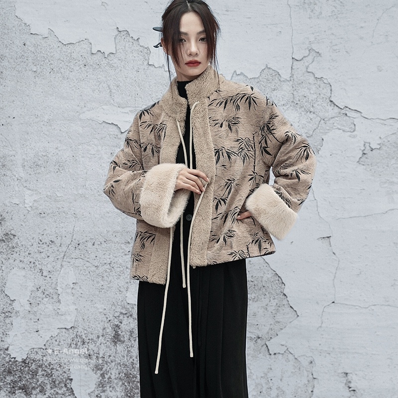 アウター レディース もこもこ 冬 コーヒー色 暖かい 厚手 チャイナ風 改良唐装 モフモフコート ハイネック スタンドカラーコート シェニール ショート丈 竹葉エンボス 合わせやすい 高級感