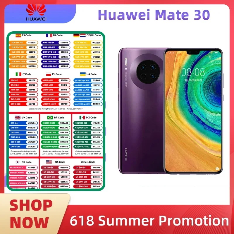 28492.0 24% OFFHuawei mate 30 4gスマートフォン携帯電話40mp 24MPカメラ6.62インチ256GB rom8GB RAM携帯電話4200mah