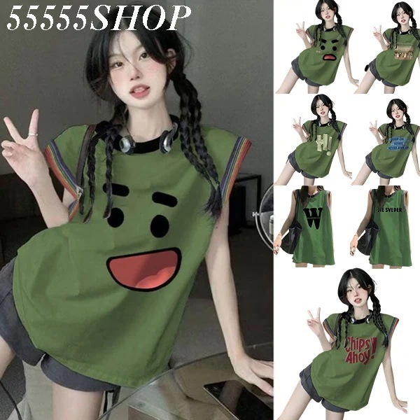 の純綿ドーパミン衝突色カジュアルチョッキ女性外着ミディアムスリーブTシャツ女性ゆったり肩トップス