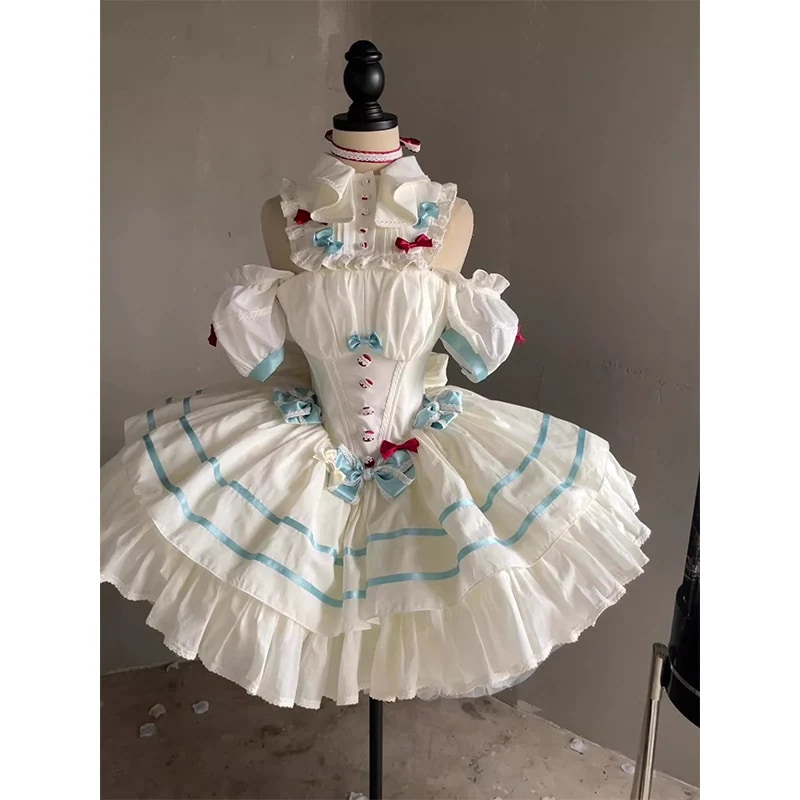 ロリータスイートガーリーリボンフリルオフショルダードレスウエスト付きおしゃれで丈夫なスカート