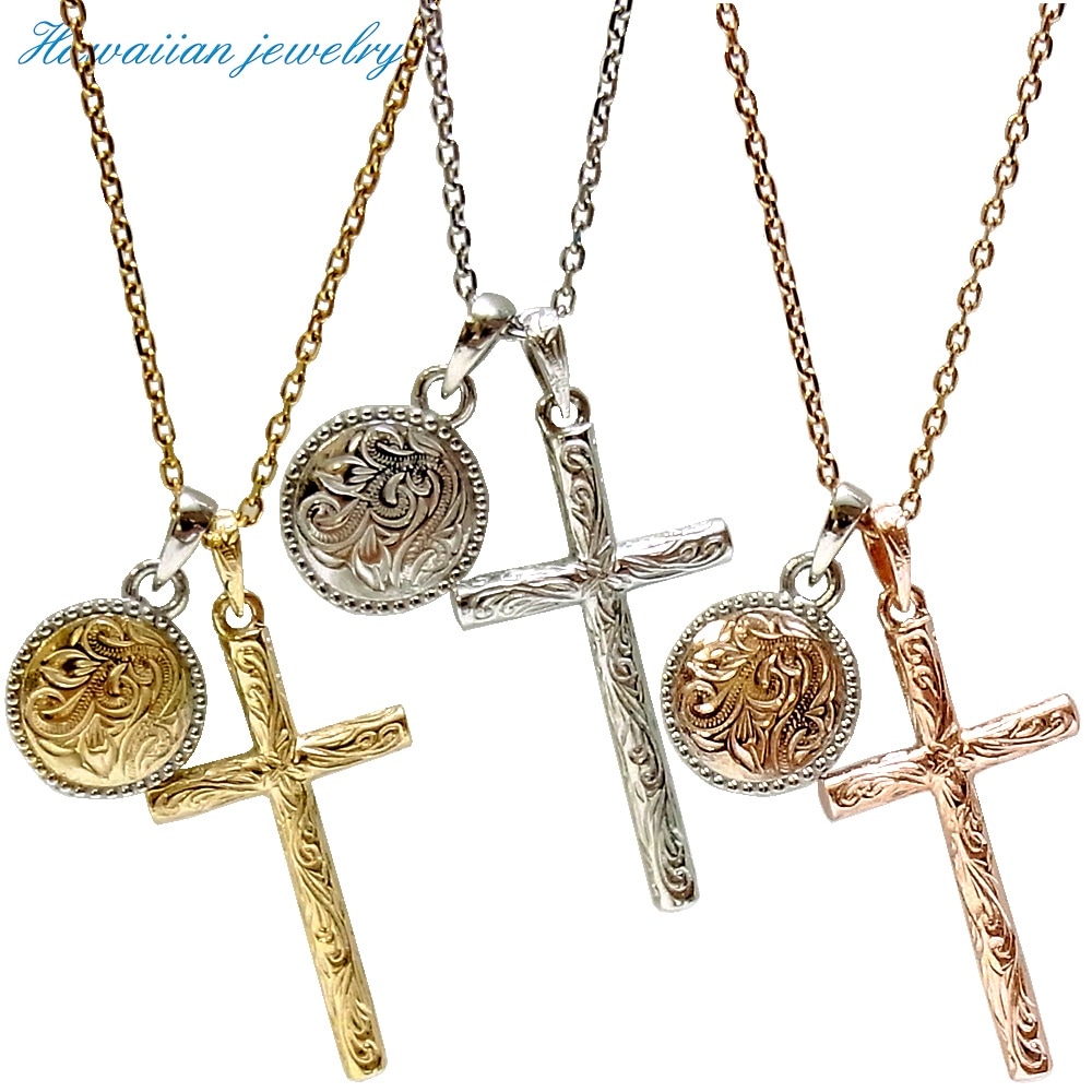 ハワイアンジュエリー ネックレス 2連 レディース メンズ ゴールド シルバー クロス コイン お花