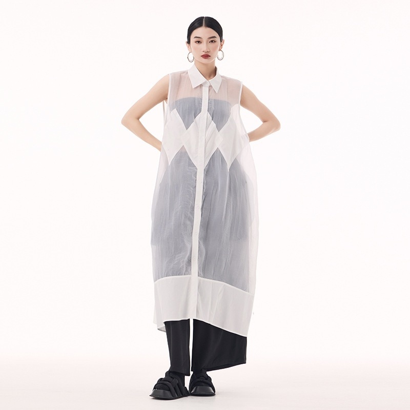 【J.Fashion】 シアー ベストワンピース 袖なし 秋夏 おしゃれ レディース ロングブラウス 薄手 ワンピース 関連商品購入可能 メガ割