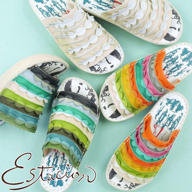 エスタシオン 厚底 サンダル レディース 疲れない ミュール 履きやすい 本革 靴 コンフォートサンダル フリル スカラップ アイボリー/マルチ ネイビー/マルチ TH183