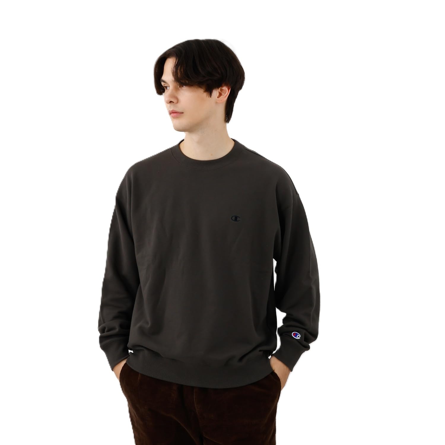 スウェット 長袖 ワンポイントロゴ刺繍 リラックスフィット ドロップショルダー フレンチテリー クルーネックスウェットシャツ C8-A023Z-055-M