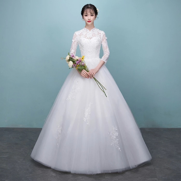 【今季トレンド】ウェディングドレス レース ハイネック チャイナ風ドレス 白 結婚式ドレス 花嫁ドレス 立ち襟 7分袖 ブライダルドレス ホワイト ロングドレス トレーンドレス チュール プリンセスド