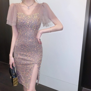 レディース ワンピース ドレス ミニ 膝上 半袖 フリル袖 襟なし タイト スリム 細身 フォーマル フェミニン シフォン スパンコール コンサバ 切り替えデザイン かわいい 大人可愛い きれいめ