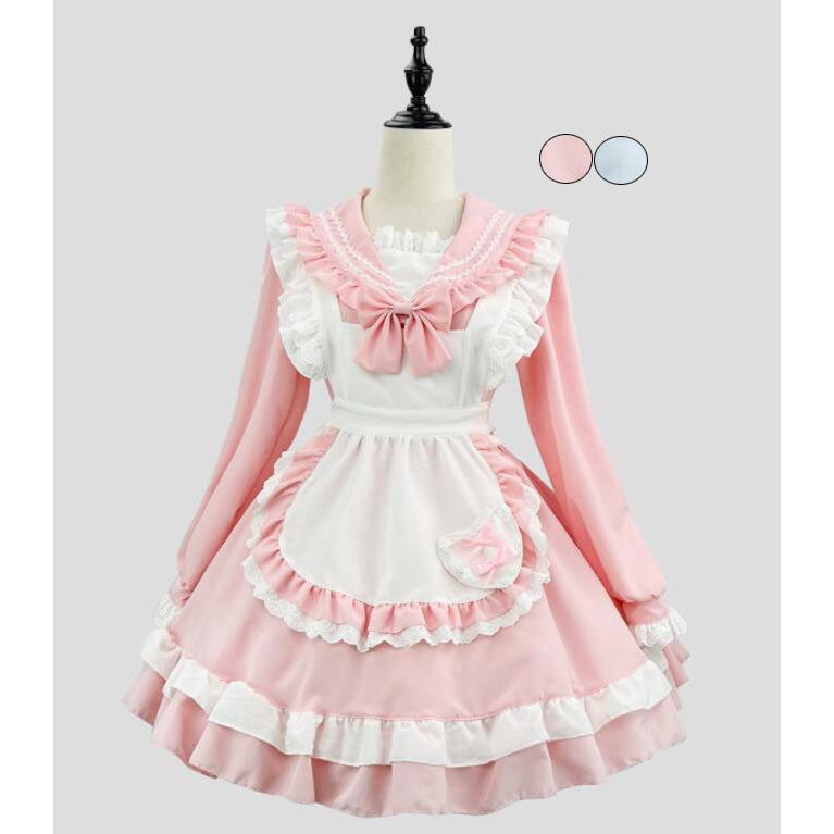メイド服 セーラー服 大人 セーラー風メイドコス 新作 長袖 ショート丈 キュート メイドドレス 裾フリル エプロンドレス ピンク 水色 女子 マリン風 甘ロリー メおすすめ商品