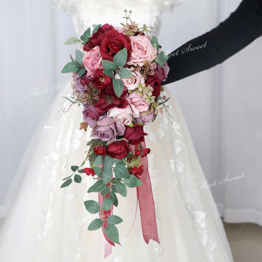 【急速出荷】ウェディングブーケ ブライダルブーケ キャスケードブーケ ウエディングブーケ 花嫁 ブーケ 造花 花束 華やか 結婚式 二次会 披露宴 ワインレッド 赤お得