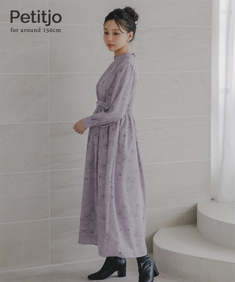 ロング・マキシ丈/半袖 小さいサイズ　スタンドネックウエストマークワンピース　低身長さん・小柄女性