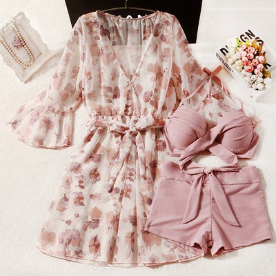 水着 ビキニ スイムウェア タンキニ ショートパンツ 羽織り セパレート ホルターネック 二の腕カバー 長袖 リボン シフォン ウエストリボン 透け感 シースルー 水陸両用 セット 3点セット