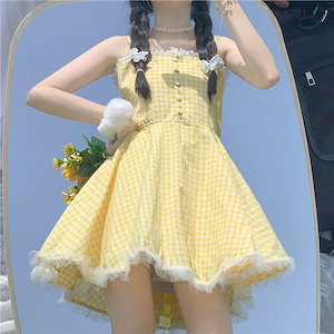 夏かわいいロリータストラップドレス女性パッチワークレース和菓子かわいいミニドレス黄色のチェック柄のお