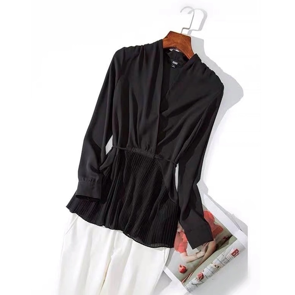 レディース トップス シャツ ブラウス プルオーバー 長袖 Vネック カシュクール 切り替え フェミニン プリーツ ウエストリボン 切り替えデザイン きれいめ シンプル 上品 おしゃれ マニッシュ