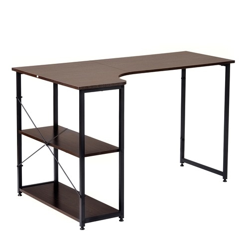 【国内出荷-送.料.無.料】2台【ブラウン】パソコンデスクL字ブラウン勉強机120cm2段ラック付書斎机デスク木製ミシン台～394