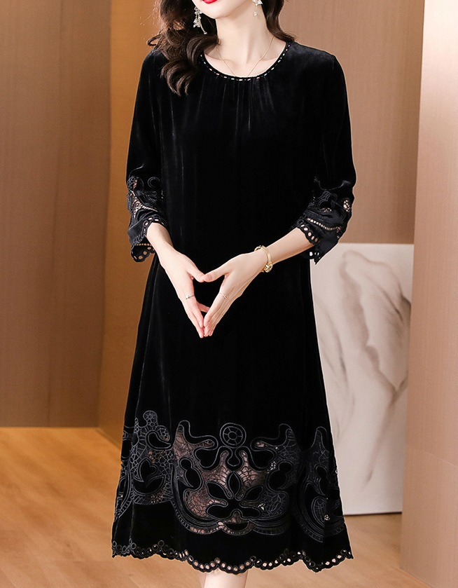 膝丈 ミディ丈 秋冬 上品 食事会 きれいめ お呼ばれ ベロア ラウンドネック Aライン エレガント ワンピース 大きいサイズ 重厚感 ドレスワンピース レディース 透け感 七分袖 パーティー