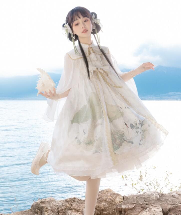 ジャンパースカート 中華 ロリータ ワンピース ハイウエスト 膝丈 ミモレ丈 ロリータ ドレス チャイナ風 lolita 可愛い お姫様 ドレス ゴスロリ ロリータ服 白系 チュール付き フリル ドレ