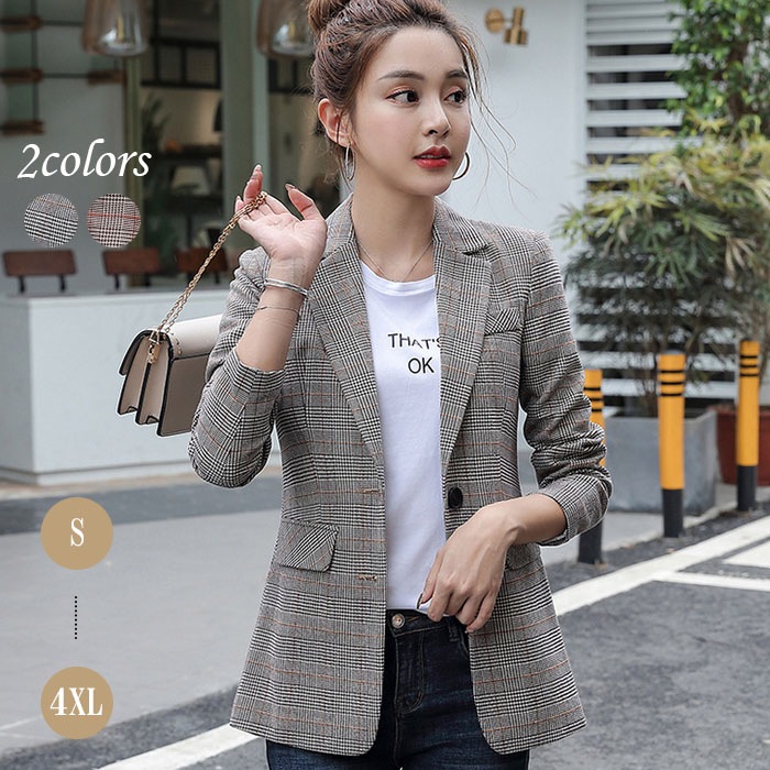 S OL XXL M チェックジャケット 女性 仕事 レディース L オフィス 新作　ジャケット 袖折り返し　ビジネス 通勤服 チェック　グレーチェック　ベージュチェック　グレー　ベージュ　秋冬 オフ