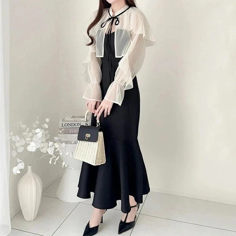 milybilet ワンピース レディース セットアップ チュール ケープ ボレロ 付き マーメイド キャミワンピース たっぷりフリル 華やか 上品見え お呼ばれ 謝恩会 パーティー ドレス