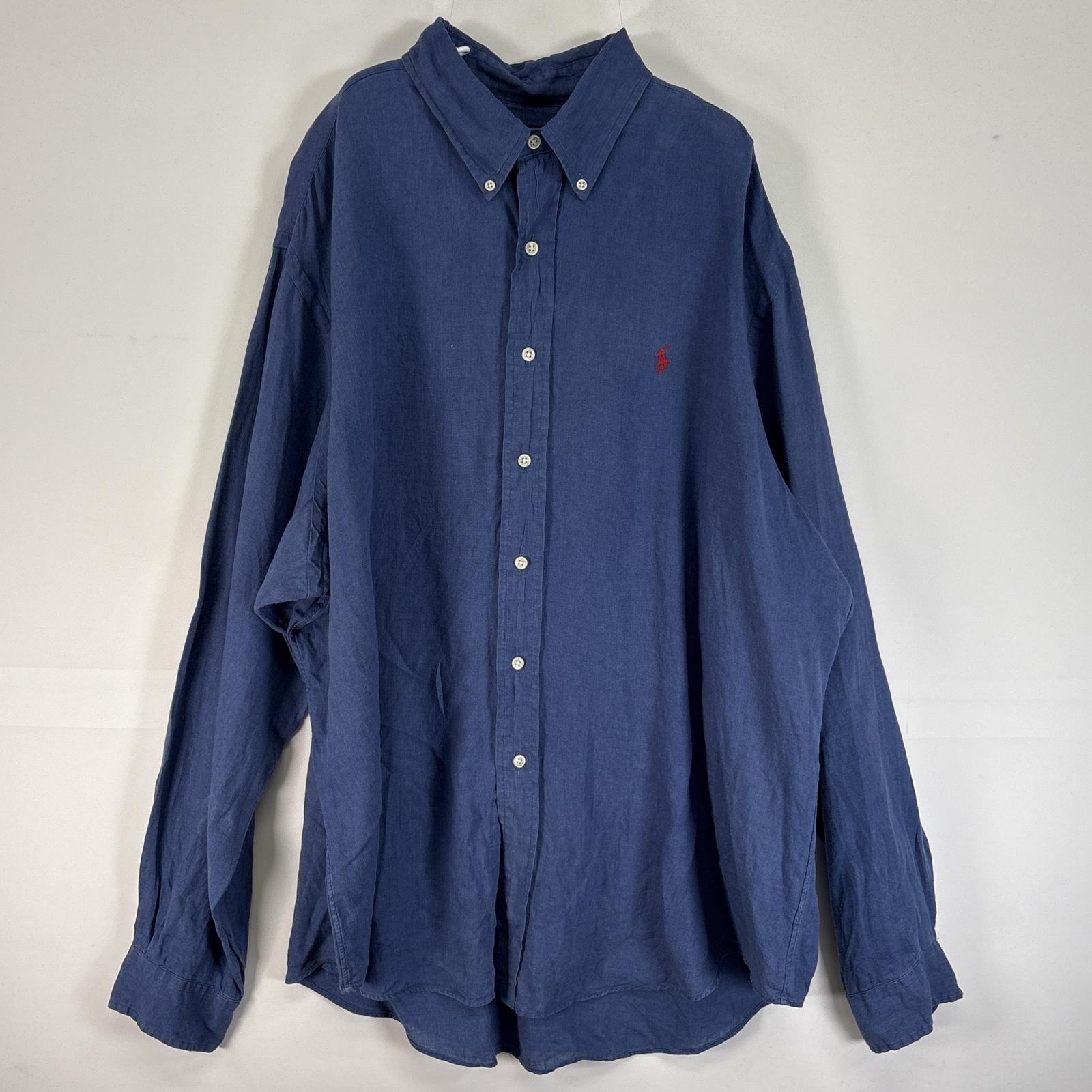 古着 90s/90年代 長袖シャツ ロゴ 刺繍 大きいサイズ ボタンダウン XXL ブルー 無地 メンズ