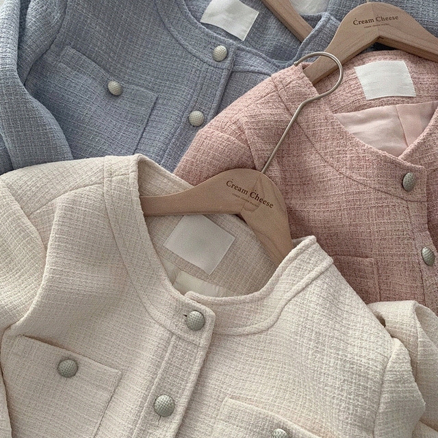 [企画/色味最高] 綿菓子 ノーカラー ラウンドネック クロップ ツイード ジャケット - jk