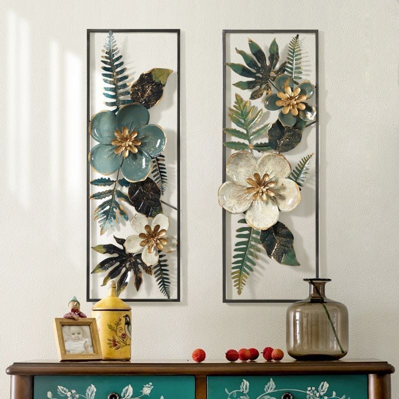 壁掛け アイアンアート セット 縦型 花 葉 エレガント おしゃれ ラグジュアリー ウォールアート インテリア リビング 玄関 寝室 レストラン オブジェ グリーン ゴールド ホワイト
