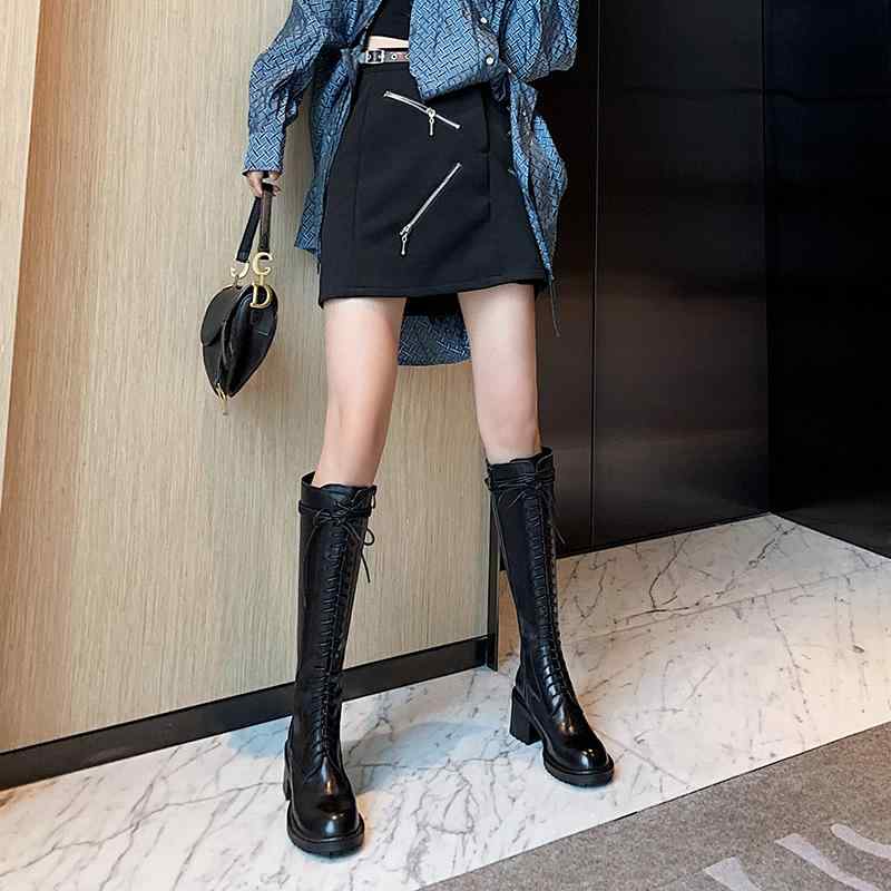 ロングブーツ レディース タイトフィット シンプル おしゃれ スタイルアップ 女性用 レースアップ ハイ カット 太 ヒール ロング ライディングブーツ 革 アンナイト ブーツ 秋冬 スタイル