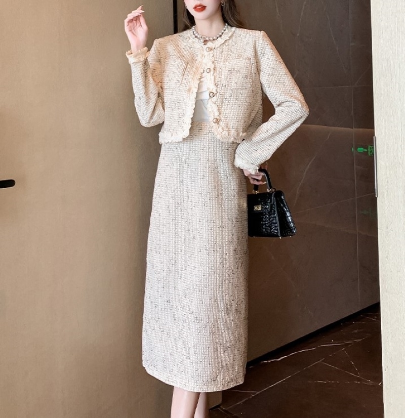 セットアップ ジャケット 上着 スーツ ロングスカート ツイードショートジャケット スパンコールスカート ツーピースセット 上下セット きれいめ 大人 上品 エレガント 春 秋 冬 入学式 入園式