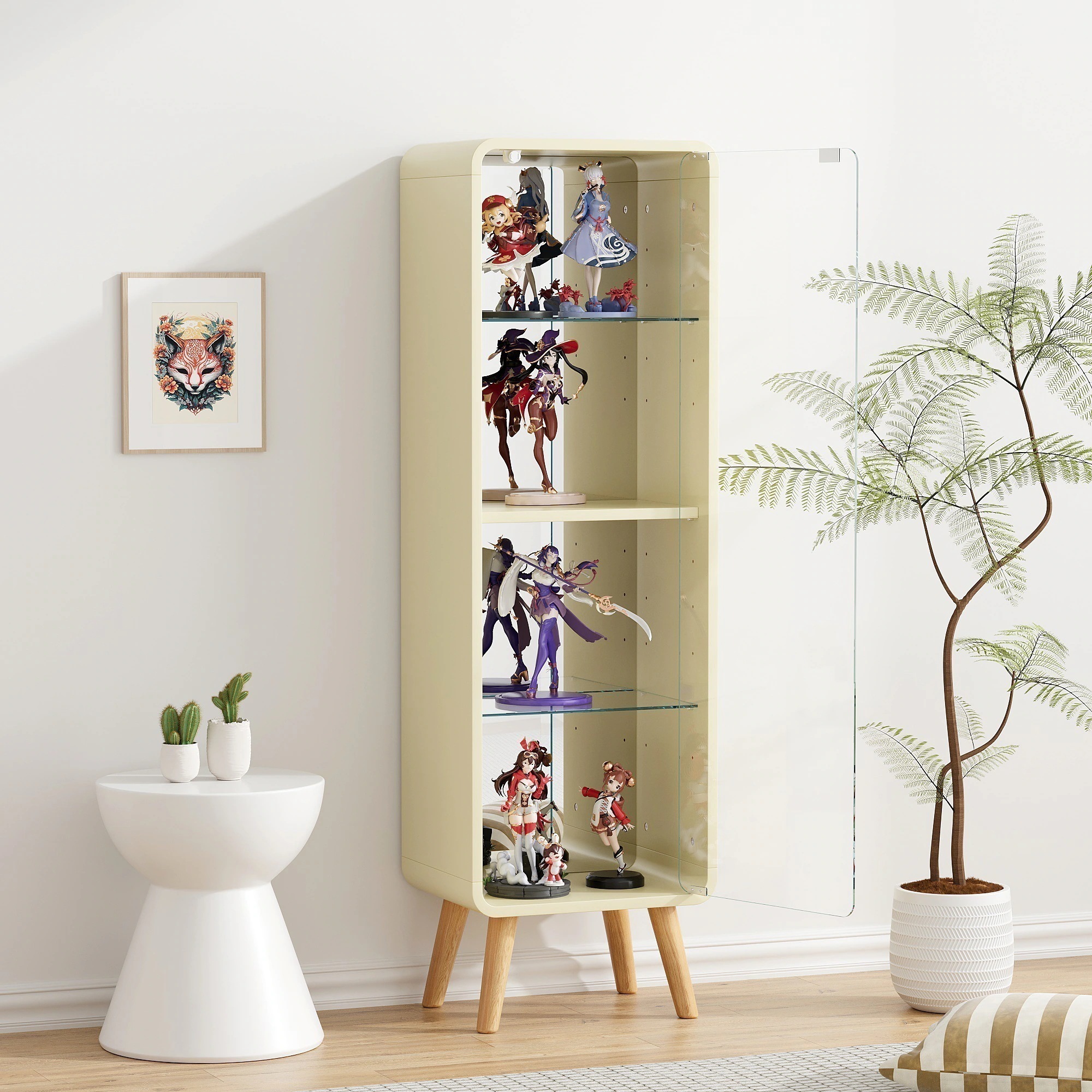 【国内発送&送·料·無·料】1703コレクションケース コレクションシェルフ ガラスディスプレイキャビネット4段 高さ調節可能 フィギュア 収納 背面ミラー 強化ガラス棚 サイズ：幅36*奥行26.5