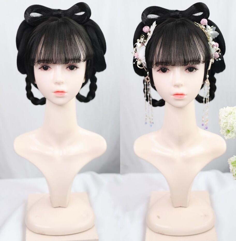 迅速な出荷 全頭かつら 女性 大人 中華古代コスチューム お姫様 フルウイッグ 黒 辮髪 リボン 可愛い 中華コスプレ ウイッグ かつら レディース 華流 舞台 ステージ 道具 中国古代服装 漢服 チ