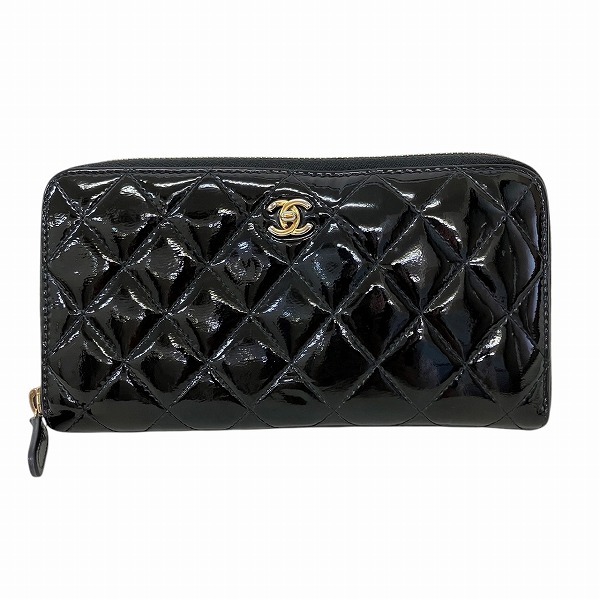 シャネル マトラッセ エナメル ラウンドファスナー 2つ折り財布 レディース【中古】